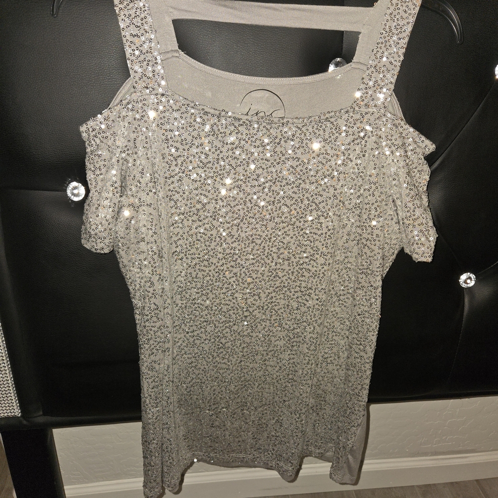 INC International Concepts Silver Peekaboo Shoulder Blouse